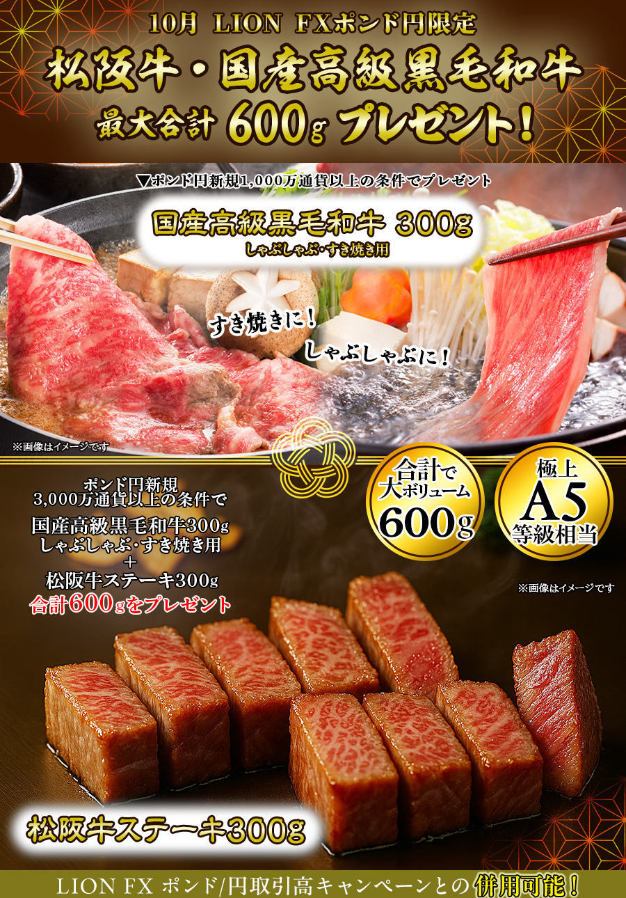 LION FXポンド円限定 高級銘柄和牛・国産高級黒毛和牛最大合計600gプレゼント!
