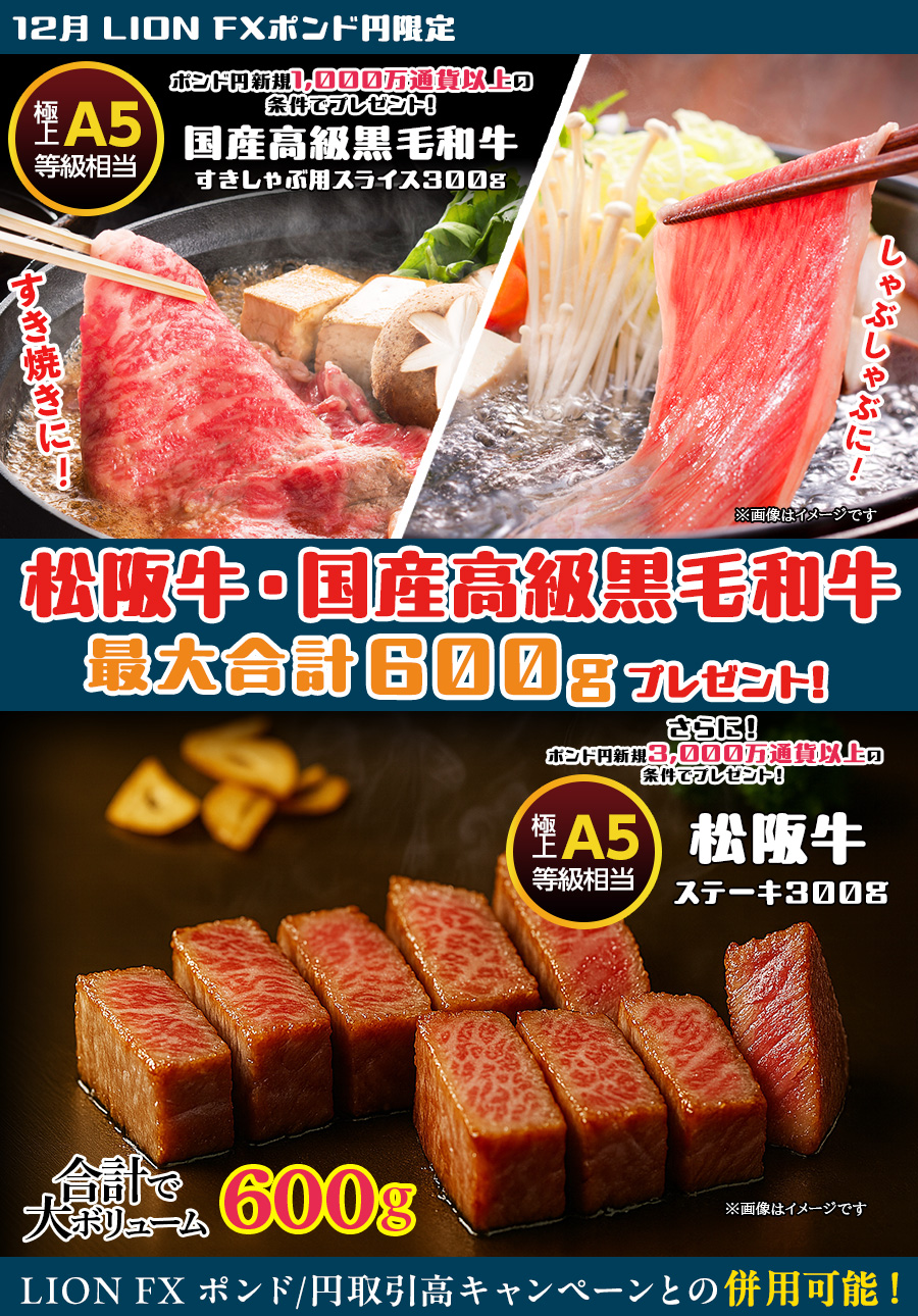 LION FXポンド円限定 高級銘柄和牛・国産高級黒毛和牛最大合計600gプレゼント!