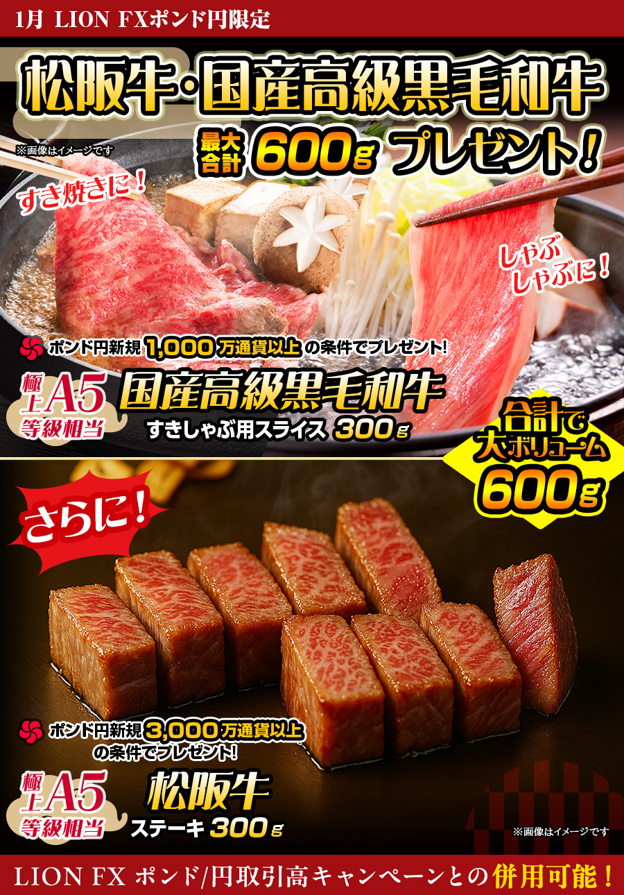 LION FXポンド円限定 高級銘柄和牛・国産高級黒毛和牛最大合計600gプレゼント!