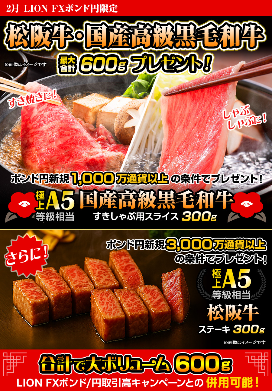 LION FXポンド円限定 高級銘柄和牛・国産高級黒毛和牛最大合計600gプレゼント!