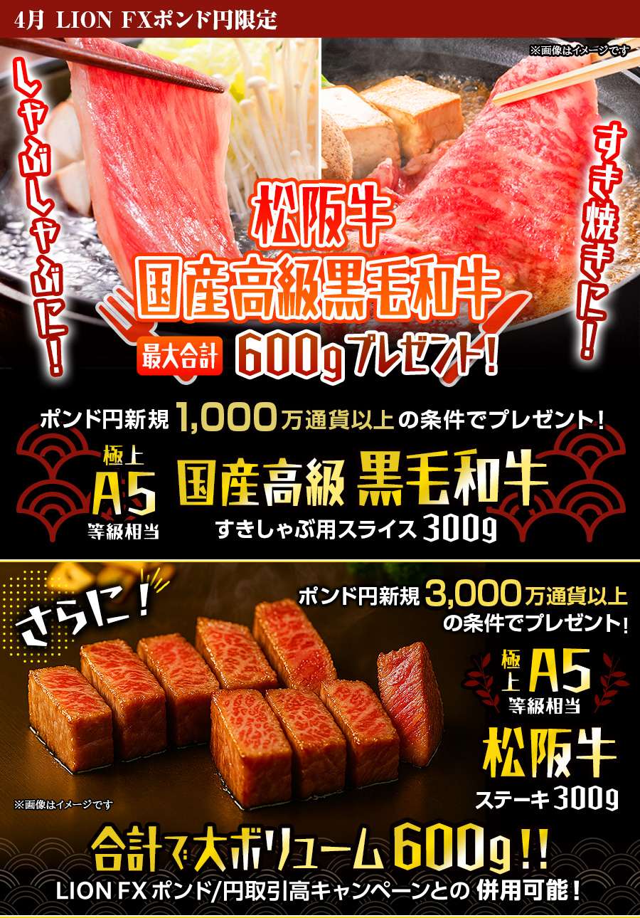 LION FXポンド円限定 高級銘柄和牛・国産高級黒毛和牛最大合計600gプレゼント!