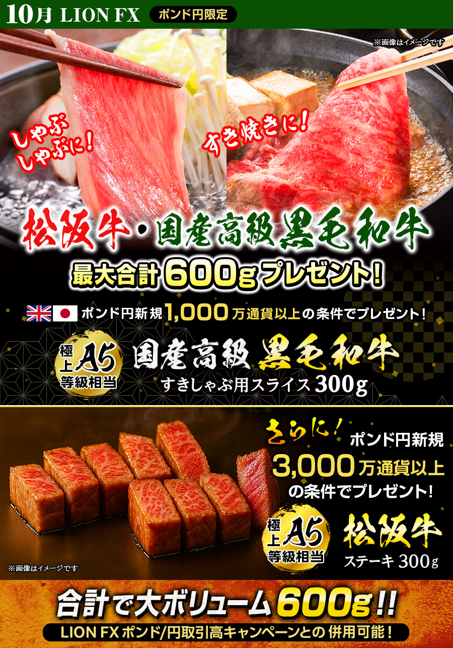 LION FXポンド円限定 高級銘柄和牛・国産高級黒毛和牛最大合計600gプレゼント!